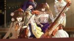  4girls bloody_cuke bow_(music) brown_hair hat highres himekaidou_hatate holding holding_bow_(music) holding_instrument holding_violin iizunamaru_megumu instrument inubashiri_momiji long_sleeves multiple_girls plaid plaid_skirt puffy_long_sleeves puffy_sleeves purple_skirt red_eyes red_headwear shameimaru_aya shirt skirt smile tokin_hat touhou twintails violin white_hair white_shirt 