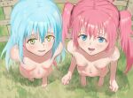  2girls arms_behind_back barefoot blue_eyes blue_hair breasts brown_eyes feet from_above highres long_hair looking_up milim_nava multiple_girls mumumuka navel nipples nude open_mouth outdoors pink_hair rimuru_tempest small_breasts smile tensei_shitara_slime_datta_ken toes twintails 