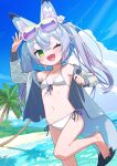  1girl ;d animal_ear_fluff animal_ears barefoot beach bikini blue_sky breasts cloud commentary_request day eyewear_on_head fang hand_up highres looking_at_viewer ocean one_eye_closed open_mouth original outdoors palm_tree sky small_breasts smile solo sunglasses sunlight swimsuit tail tree uchako water white_bikini 