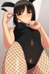  1girl absurdres animal_ears bangs bare_arms bare_shoulders black_hair black_leotard blush breasts brown_eyes closed_mouth eyebrows_visible_through_hair fake_animal_ears fishnet_legwear fishnets from_below hands_up highres holding leotard looking_at_viewer looking_down matsunaga_kouyou nose_blush original pantyhose rabbit_ears riding_crop small_breasts solo 