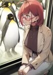  1girl 92m animal bird breasts brown_sweater commentary_request glasses highres jacket jewelry kinshi_no_ane large_breasts long_sleeves necklace original pants penguin pink-framed_eyewear red_hair semi-rimless_eyewear short_hair smile solo sweater under-rim_eyewear white_jacket white_pants 