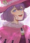  1girl :d black_clover blue_eyes capelet dorothy_unsworth fur-trimmed_capelet fur_trim gradient_eyes hair_between_eyes hashtag_only_commentary hat highres looking_at_viewer multicolored_eyes open_mouth pink_capelet pink_headwear purple_eyes purple_hair rizaavana short_hair simple_background smile solo sparkle_background twitter_username upper_body witch_hat 