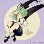  1girl antennae arm_support black_cape black_shorts buttons canariadraw cape closed_mouth green_eyes green_hair highres juliet_sleeves long_sleeves mary_janes puffy_sleeves shirt shoes short_hair shorts smile socks solo touhou twitter_username white_shirt white_socks wriggle_nightbug 