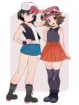  2boys :d black_vest blush boots brown_eyes brown_hair calem_(pokemon) closed_mouth collared_shirt commentary_request cosplay crossdressing eyewear_on_headwear grey_eyes hand_on_headwear hand_on_own_hip hand_up hat head_tilt highres hilbert_(pokemon) hilda_(pokemon) hilda_(pokemon)_(cosplay) kneepits male_focus multiple_boys open_clothes open_mouth open_vest otoko_no_ko pink_headwear pleated_skirt pokemon pokemon_bw pokemon_xy sana_(37pisana) serena_(pokemon) serena_(pokemon)_(cosplay) shiny_skin shirt shorts skirt sleeveless sleeveless_shirt smile socks sunglasses thighhighs vest white-framed_eyewear white_headwear white_shirt 