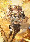  1girl autumn_leaves black_bow black_footwear black_pantyhose black_skirt black_thighhighs bow brown_hair falling_leaves from_above full_body ginkgo_leaf ginkgo_tree girls&#039;_frontline girls&#039;_frontline_2:_exilium grin hair_bow hand_up highres leaf looking_at_viewer miniskirt navel pantyhose pleated_skirt red_eyes shirt single_leg_pantyhose single_thighhigh skirt smile solo standing standing_on_one_leg stomach suspender_skirt suspenders tang_qi_zang teeth thigh_pouch thighhighs two_side_up ump9_(girls&#039;_frontline) w white_shirt yellow_background 