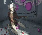  1boy balloon bangs bare_legs barefoot brown_shirt cake chain chained collar collarbone congratulations danganronpa_(series) danganronpa_another_episode:_ultra_despair_girls english_commentary food komaeda_nagito light looking_at_viewer lower_teeth male_focus messy_hair metal_collar open_mouth plate red_shirt shirt short_hair sitting solo striped striped_shirt wariza yandr4hope 