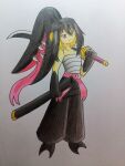 absurd_res anthro female generation_3_pokemon hi_res humanoid ideltasarc333 looking_at_viewer mawile melee_weapon nintendo pokemon pokemon_(species) pupils red_eyes samurai solo sword teeth tomoko_(nyxcha) tongue tongue_out traditional_media_(artwork) warrior weapon yellow_body