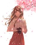  1girl absurdres bangs black_hair blouse brown_eyes brown_hair camera cherry_blossoms collarbone dappled_sunlight dress eyebrows_behind_hair eyebrows_visible_through_hair hair_between_eyes highres holding holding_camera long_hair looking_at_viewer original petals shigure_(shigure_43) smile solo sunlight wind 