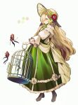  1girl birdcage blonde_hair blush boots cage creature dress familiar flower frilled_dress frills full_body green_dress green_hair hair_over_one_eye hat hat_flower highres isekai_joucho kamitsubaki_studio lowlay60 multicolored_hair red_flower smile solo two-tone_hair virtual_youtuber 