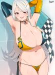  1girl :d armpits arms_behind_head bikini black_gloves blue_eyes blush boca breasts cleavage earrings elbow_gloves flag gloves highres jewelry large_breasts long_hair looking_at_viewer mole multicolored multicolored_eyes navel open_mouth original race_queen red_eyes smile solo swimsuit white_hair yellow_gloves 
