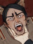  1boy animal_ears brown_background brown_jacket chengongzi123 dark-skinned_male dark_skin disembodied_limb dog_boy dog_ears english_commentary fangs golden_kamuy grabbing_another&#039;s_chin grey_eyes hand_on_another&#039;s_chin highres jacket kemonomimi_mode koito_otonoshin looking_at_viewer male_focus military_uniform open_mouth portrait short_hair simple_background slit_pupils solo_focus uniform 