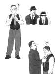  2boys adjusting_clothes adjusting_necktie baggy_pants black_eyes chengongzi123 closed_mouth coat collared_coat collared_shirt flying_sweatdrops full_body golden_kamuy greyscale hand_on_another&#039;s_head hands_up hat highres long_sleeves looking_at_viewer male_focus monochrome multiple_boys necktie pants scribble shirt shoes simple_background standing tsukishima_hajime tsurumi_tokushirou tying_necktie vest white_background 