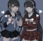 2girls bad_perspective bangs bell black_hair black_ribbon black_skirt blunt_bangs bow breasts brown_eyes brown_hair buttons chabashira_tenko chabashira_tenko_(cosplay) collarbone commentary contrapposto cosplay costume_switch crossed_arms danganronpa_(series) danganronpa_v3:_killing_harmony double-breasted foreshortening grey_choker hair_ornament hair_ribbon hairband hairclip hands_up harukawa_maki harukawa_maki_(cosplay) heart highres layered_skirt long_hair long_sleeves low_twintails midriff mole mole_under_eye mole_under_mouth multiple_girls neck_bell plaid plaid_skirt red_eyes red_skirt ribbon school_uniform sema_(vivaviva_02) shiny shiny_hair skirt sleeves_past_elbows small_breasts thighhighs twintails white_bow zettai_ryouiki 