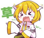  &gt;_&lt; 1girl :d black_shorts blonde_hair blush chibi closed_eyes colored_tips denonbu facing_viewer fangs hair_ears jacket laughing long_sleeves lowres midriff multicolored_hair nonkomu_(furiten5553) official_art open_mouth outline pointing short_hair shorts sleeves_past_fingers sleeves_past_wrists smile solo taiga_lucia tearing_up tears translation_request transparent_background white_hair white_jacket white_outline xd zipper zipper_pull_tab 
