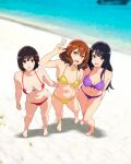  3girls :d arm_up arms_behind_back beach bikini black_hair blurry blurry_background bob_cut breasts brown_hair cleavage depth_of_field full_body hibike!_euphonium highres hisaishi_kanade kousaka_reina long_hair looking_at_viewer medium_breasts medium_hair multiple_girls nail_polish navel ocean open_mouth oumae_kumiko outdoors purple_bikini purple_eyes purple_nails red_bikini red_eyes sbel02 shadow shore short_hair sidelocks small_breasts smile standing swimsuit toenail_polish toenails two-tone_bikini v white_bikini yellow_bikini yellow_eyes 