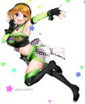  1girl :d black_gloves black_hairband black_legwear blush boots breasts cleavage eyebrows_visible_through_hair fingerless_gloves full_body gloves hair_between_eyes hairband highres koizumi_hanayo looking_at_viewer love_live! love_live!_school_idol_project medium_breasts midriff nakano_maru navel open_mouth orange_hair purple_eyes short_hair smile solo star_(symbol) teeth thigh_boots thighhighs twitter_username upper_teeth 