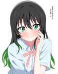  1girl absurdres black_hair blue_shirt commentary_request gradient_hair green_eyes green_hair hair_between_eyes hair_down highres long_hair looking_at_viewer love_live! love_live!_nijigasaki_high_school_idol_club multicolored_hair neck_ribbon nijigasaki_academy_school_uniform pink_ribbon ribbon school_uniform shinonome_sakura shirt short_sleeves sidelocks smile solo summer_uniform takasaki_yu translation_request upper_body white_background 