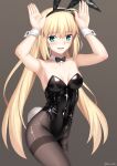  1girl absurdres ahoge animal_ears armpits arms_up artoria_caster_(fate) artoria_pendragon_(fate) bare_shoulders besmiled black_leotard blonde_hair blush bow bowtie breasts brown_pantyhose cleavage collarbone covered_navel detached_collar fake_animal_ears fake_tail fate/grand_order fate_(series) green_eyes highleg highleg_leotard highres leotard long_hair looking_at_viewer medium_breasts open_mouth pantyhose playboy_bunny rabbit_ears rabbit_tail sidelocks smile solo tail thighs traditional_bowtie twintails wrist_cuffs 
