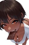  1girl all_fours black_panties breasts breasts_apart brown_eyes brown_hair candy chocolate chocolate_bar collarbone dark-skinned_female dark_skin downblouse eyes_visible_through_hair food food_in_mouth foreshortening hanging_breasts highres looking_at_viewer mouth_hold no_bra no_pants original panties rakuga_kiya shirt short_hair simple_background solo teeth_hold thick_eyelashes underwear white_background white_shirt 