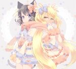  2girls animal_ears bell blonde_hair blue_eyes blue_hair bow cat_ears cat_girl cat_tail cowboy_shot cyan_(show_by_rock!!) dress drill_hair glasses hair_bow hairband hands_over_own_mouth jingle_bell kamo_(purin) long_hair looking_at_another looking_to_the_side medium_hair multiple_girls retoree scarf shared_scarf show_by_rock!! simple_background tail very_long_hair winter_clothes winter_gloves yellow_eyes yuri 