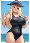  1girl bare_shoulders bismarck_(kancolle) black_one-piece_swimsuit blonde_hair blue_eyes blue_sky blush breasts collarbone competition_swimsuit covered_navel cowboy_shot curvy dated hat highres horizon kantai_collection large_breasts looking_at_viewer military_hat ocean one-piece_swimsuit outdoors peaked_cap revision shiromaru_(maniado) sky smile swimsuit tsurime 