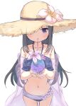  1girl akemi_homura asukaru_(magika_ru) black_hair breasts hat highres long_hair looking_at_viewer mahou_shoujo_madoka_magica purple_eyes simple_background solo swimsuit white_background 