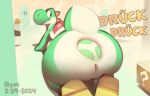 2024 anal anal_oviposition anal_penetration anthro aymbord big_butt biped butt countershade_tail countershading egg egg_from_ass female genitals green_body green_yoshi mario_bros nintendo oviposition penetration pussy rear_view scalie solo tail yoshi