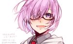  1girl bangs eyebrows_behind_hair eyebrows_visible_through_hair fate/grand_order fate_(series) glasses hair_over_one_eye looking_at_viewer mash_kyrielight necktie open_mouth purple_eyes purple_hair sakino_saku shirt simple_background smile solo upper_body white_background 