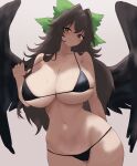 1girl absurdres bikini bikini_pull bird_wings black_bikini black_hair black_wings blush bow breasts cleavage clothes_pull collarbone commentary_request green_bow grey_background hair_bow hair_intakes head_tilt highres huge_breasts long_hair moriforest1040 navel pulled_by_self reiuji_utsuho simple_background solo swimsuit touhou wings 
