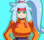  1girl ashe_(mega_man) belt black_bodysuit blue_background blue_hair bodysuit bodysuit_under_clothes brown_belt cropped_jacket green_eyes high_ponytail highres jacket light_blue_hair mega_man_(series) mega_man_zx mega_man_zx_advent orange_jacket robot_ears rockmangrave simple_background solo upper_body 