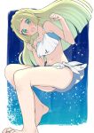  1girl :d artist_name bare_legs barefoot blonde_hair blush clenched_hands collarbone commentary_request couzone eyelashes green_eyes hands_up happy highres lillie_(pokemon) long_hair looking_at_viewer navel open_mouth pokemon pokemon_(anime) pokemon_sm_(anime) signature smile solo swimsuit toes 