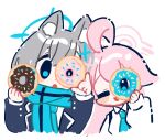  2girls ahoge animal_ear_fluff animal_ears blue_archive blue_eyes blue_necktie blue_scarf blush collared_shirt commentary_request cropped_torso cross cross_hair_ornament doughnut food grey_hair hair_between_eyes hair_ornament halo highres holding holding_food hoshino_(blue_archive) inverted_cross kokumosu long_hair looking_at_viewer mismatched_pupils multiple_girls necktie one_eye_closed open_mouth pink_hair pink_halo scarf shiroko_(blue_archive) shirt simple_background smile white_background white_shirt wolf_ears 