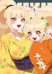  2girls :d black_scrunchie blonde_hair blush breasts danganronpa_(series) danganronpa_2:_goodbye_despair dual_persona hair_ornament hair_scrunchie happy_birthday highres japanese_clothes kimono large_breasts mozuku_(iiiiiiimomo) multiple_girls multiple_views obi orange_eyes orange_kimono ponytail saionji_hiyoko sash scrunchie smile teeth twintails upper_body upper_teeth_only yellow_kimono 