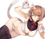  1girl ;) alternate_costume animal_ears arm_up bra breasts brown_hair cat_ears cat_tail cleavage commentary_request elbow_rest fake_animal_ears fake_tail green_eyes hair_between_eyes kantai_collection kasumi_(skchkko) large_breasts lying mutsu_(kancolle) navel on_side one_eye_closed panties paw_pose short_hair smile solo tail underwear white_background white_bra white_panties white_wrist_cuffs wrist_cuffs 