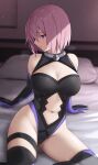  1girl absurdres arm_support bangs bare_shoulders bed_sheet bee_doushi black_legwear black_leotard blurry blurry_background blush breasts cleavage cleavage_cutout clothing_cutout depth_of_field elbow_gloves eyebrows_visible_through_hair fate/grand_order fate_(series) gloves heavy_breathing highres indoors large_breasts leaning_back leotard looking_away looking_to_the_side mash_kyrielight navel_cutout on_bed parted_lips pillow pink_hair purple_eyes short_hair sitting solo thighhighs two-tone_gloves 