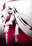  1girl absurdres artist_name ascot breasts cigar coat coat_on_shoulders eyepatch from_below frown glasses gloves hellsing highres holding holding_cigar integra_hellsing limited_palette long_hair red_ascot small_breasts smoke solo toshimichi_yukari 