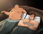  2boys bara bed bed_sheet biceps brown_hair cigarette hammond_(sensaga) highres holding holding_cigarette male_focus manly matthew_(sensaga) mature_male multiple_boys muscular muscular_male nipples on_bed original pectorals pillow plump red_hair sensaga short_hair simple_background smoke surprised thick_arms thick_eyebrows trembling 