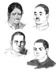  4boys character_request chengongzi123 closed_mouth dark-skinned_male dark_skin facial_hair goatee_stubble golden_kamuy greyscale grin highres kazuo_maeyama koito_otonoshin looking_at_viewer looking_to_the_side male_focus monochrome multiple_boys mustache portrait short_hair simple_background smile stubble thick_lips very_short_hair white_background 