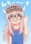  1girl blue_overalls character_name collarbone cosplay dr._slump genderswap genderswap_(mtf) glasses hand_up hat highres long_hair looking_at_viewer norimaki_arale norimaki_arale_(cosplay) onii-chan_wa_oshimai! open_mouth orange_eyes overalls oyama_mahiro pink_hair short_sleeves smile solo translated wakata24s winged_hat 