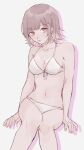  1girl absurdres bangs bare_arms bare_shoulders bikini breasts cleavage closed_mouth collarbone commentary danganronpa_(series) danganronpa_2:_goodbye_despair danganronpa_s:_ultimate_summer_camp eyebrows_visible_through_hair feet_out_of_frame front-tie_bikini front-tie_top galaga hair_ornament hairclip highres hism_25_(tsumari) invisible_chair looking_at_viewer medium_breasts mole mole_on_breast nanami_chiaki navel official_alternate_costume pink_eyes short_hair sitting solo spaceship_hair_ornament stomach swimsuit 