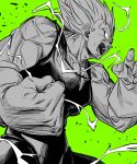  1boy dragon_ball dragon_ball_z electricity facial_mark fighting_stance forehead_mark green_background green_eyes greyscale_with_colored_background highres majin_vegeta muscular muscular_male sekitsuki_hayato solo spiked_hair spot_color super_saiyan super_saiyan_2 vegeta veins 