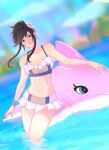  1girl bare_shoulders bikini black_hair blurry blurry_background breasts cleavage closed_mouth final_fantasy final_fantasy_vii final_fantasy_vii_rebirth final_fantasy_vii_remake flower frilled_bikini frills hair_flower hair_ornament highres inflatable_dolphin inflatable_toy large_breasts light_blush looking_at_viewer midriff official_alternate_costume outdoors partially_submerged pink_flower red_eyes sidelocks smile solo swept_bangs swimsuit tifa_lockhart tifa_lockhart_(shining_spirit) twitter_username updo vanekairi wristband 