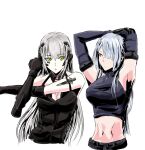  2girls abs ak-15_(girls&#039;_frontline) barcode breasts chika_(keiin) cleavage elbow_gloves exercise eyebrows_visible_through_hair eyes_visible_through_hair gager_(girls&#039;_frontline) girls&#039;_frontline gloves green_eyes grey_hair multiple_girls navel purple_eyes silver_hair stretch 