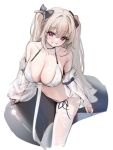  1girl anchorage_(azur_lane) anchorage_(dolphins_and_swim_lessons)_(azur_lane) azur_lane bare_shoulders bikini black_choker breasts choker cleavage cropped_legs detached_sleeves g_home grin halterneck highres inflatable_toy large_breasts long_hair looking_at_viewer navel official_alternate_costume purple_eyes see-through see-through_sleeves side-tie_bikini_bottom simple_background smile solo stomach string_bikini swimsuit thighhighs twintails unfinished very_long_hair white_background white_bikini white_hair white_thighhighs 