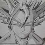  1boy cel_shading dougi dragon_ball dragon_ball_z earrings greyscale highres jewelry looking_at_viewer male_focus malphier monochrome portrait potara_earrings practice saiyan solo spiked_hair squinting super_saiyan super_saiyan_1 toriyama_akira_(style) traditional_media upper_body vegetto 