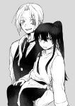  2boys aged_down allen_walker black_hair blush carrying carrying_person child collared_shirt d.gray-man grey_background greyscale grumpy hair_between_eyes high_ponytail highres kanda_yuu long_bangs long_hair looking_at_another looking_to_the_side low_ponytail male_focus monochrome multiple_boys necktie nemui_draw shirt smile upper_body white_hair 