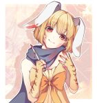  1girl animal_ears bangs bare_shoulders blonde_hair blood blood_on_weapon border bow brown_gloves closed_mouth commentary eyebrows_visible_through_hair fingerless_gloves gloves green_scarf hands_up head_tilt holding holding_knife knife looking_at_viewer orange_bow rabbit_ears red_nails scarf shiny shiny_hair short_hair smile solo taiyo_ami utau weapon white_border yen-mi 