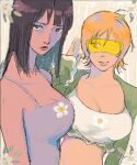  2girls black_hair breasts cleavage dark-skinned_female dark_skin faux_traditional_media floral_print highres long_hair looking_at_viewer medium_breasts multiple_girls nami_(one_piece) nico_robin one_piece open_clothes open_shirt orange_hair short_hair smile sunglasses upper_body yaoizhen 