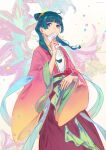  1girl beads blue_eyes blue_hair blunt_bangs breica chinese_clothes covered_mouth earrings hair_beads hair_ornament hanfu highres jewelry kusuriya_no_hitorigoto long_hair looking_afar maomao_(kusuriya_no_hitorigoto) necklace solo wide_sleeves 