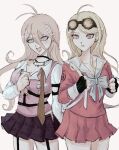  2girls :d ahoge akamatsu_kaede akamatsu_kaede_(cosplay) antenna_hair backpack bag bangs black_gloves blonde_hair blue_eyes bow breasts cleavage commentary cosplay costume_switch cowboy_shot danganronpa_(series) danganronpa_v3:_killing_harmony fingerless_gloves garter_straps gloves goggles goggles_on_head grey_bow grey_eyes hair_ornament highres iruma_miu iruma_miu_(cosplay) large_breasts long_hair looking_at_viewer loose_necktie miniskirt multiple_girls musical_note_hair_ornament necktie open_mouth pink_shirt pink_vest pleated_skirt purple_skirt sema_(vivaviva_02) shirt skirt smile sweater_vest vest white_shirt 